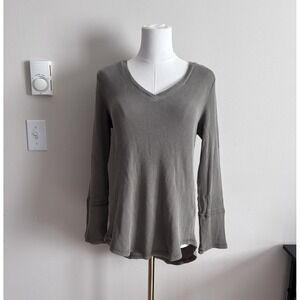 Escape by Habitat Small Thermal Long Sleeve Top V Neck Green Cotton Coastal Boho